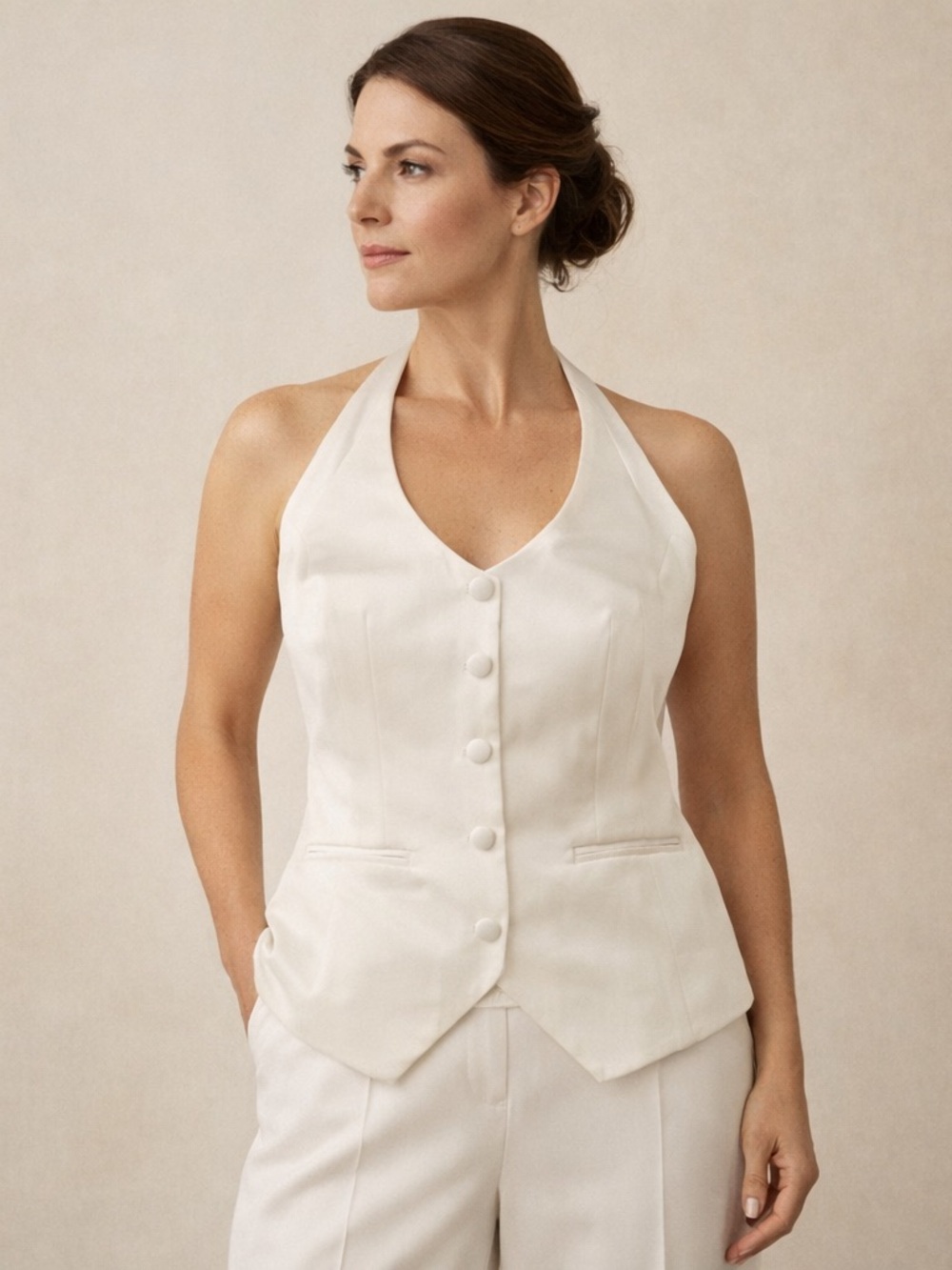 White House Black Market Cream Halter Button-Front Vest